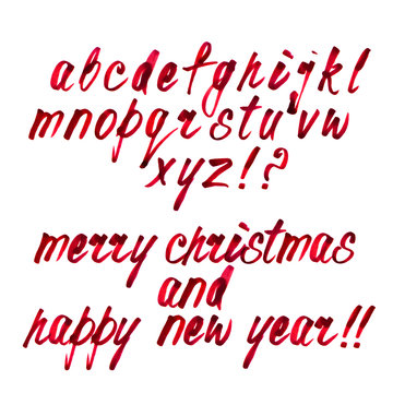 Handwritten Calligraphy Alphabet with Message Merry Christmas and Happy New Year. Small Cursive Letters