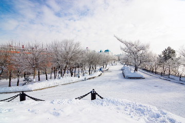 The embankment of Amur River in Khabarovsk, Russia, in a winter day