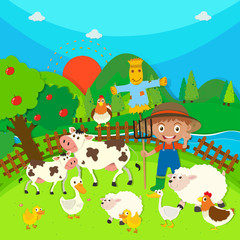 Obraz na płótnie Canvas Farmer and farm animals