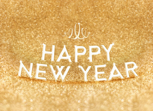 Happy New year word at bright gold glitter background ,Holiday G