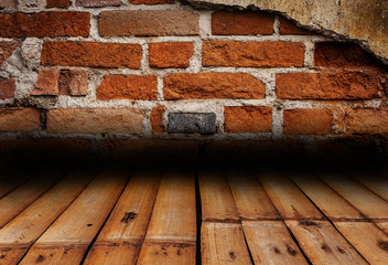 Old grunge brick wall with pattern of bamboo