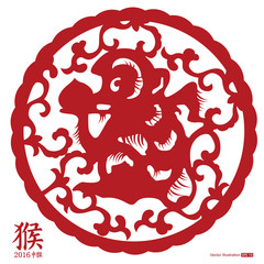 Chinese Year of the Monkey, paper cut,vector illustration.