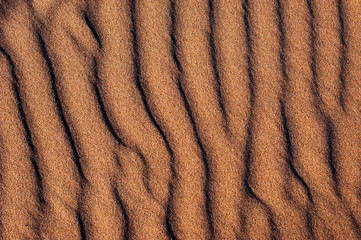 waves on rippled sand surface of a beach in sunset light