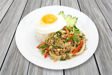 Fried basil leaf with chicken and rice..
