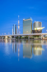 Tokyo Sumida river view with high building and Tokyo Skytree in evening