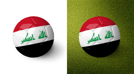 Fototapeta premium 3d realistic soccer ball with the flag of Iraq on it isolated on white background and on green soccer field. See whole set for other countries.