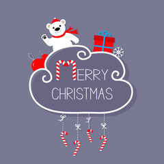 White bear, giftbox, snowflake, ball. Merry Christmas card. Hanging Candy Cane. Dash line with bow. Flat design. Violet background.