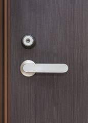 Silver metal door handle and brown wood door..