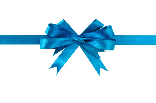 Light blue gift ribbon bow straight horizontal isolated on white background for christmas or birthday present decoration design photo