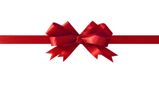 Red gift ribbon bow straight horizontal border banner isolated on white background for christmas or birthday present decoration design photo