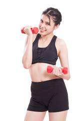Young woman doing fitness exercise with a hand weights. healthy lifestyle. 