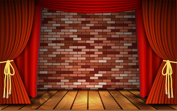 Red curtains on  brick wall 