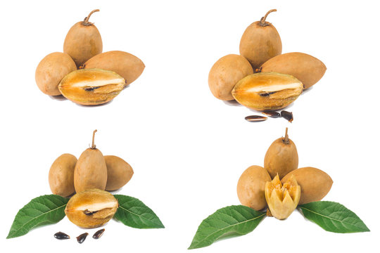 Fresh sapodilla with leaves on white background
