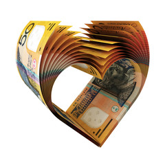 50 Australian Dollars Bills in a Shape of Heart
