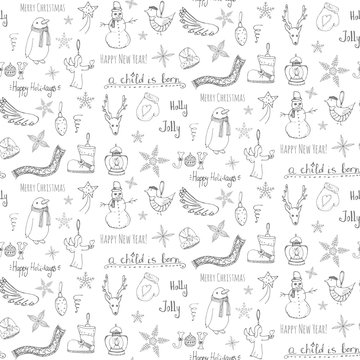 Seamless background hand drawn sketchy Christmas elements Doodle vector illustration, Snowmen, snowflakes, stockings, ice skating, deer, angel, decoration, Merry Christmas and Happy New Year