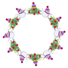 Winter Frame. Decorated Christmas trees and snowmen arranged in a shape of the ring. Vector design.