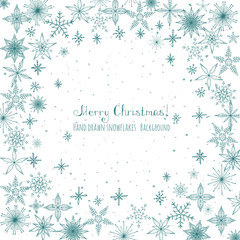 Set of hand drawn snowflakes Christmas ornaments made from decorative snowflakes vector sketch illustration Christmas background with blue snowflakes on white background