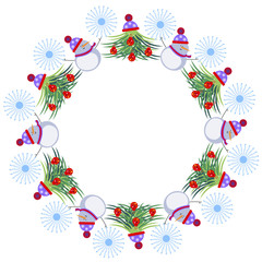 Winter Frame. Decorated Christmas trees, snowmen and snowlakes arranged in a shape of the ring. Vector design.