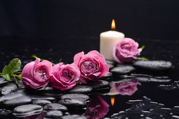 Fototapeta na wymiar Lying down pink rose ,candle and wet stones
