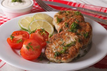 Fish burgers close up on a white plate and sauce. Horizontal

