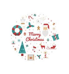 Christmas Card 2016 Circle with elements of mistletoe, Santa Claus, Christmas tree, gift, snowflake. Color illustration style poster flet © fighterfrancevna