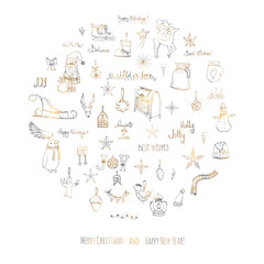 Hand drawn sketchy christmas elements Doodle vector illustration  Santa Claus, Snowmen, snowflakes, Christmas tree ice skating, deer, angel, Holly Jolly, decoration, Merry Christmas and Happy New Year