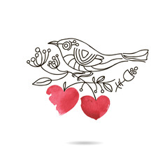 Romantic picture of a bird sitting on a blooming branch with hearts