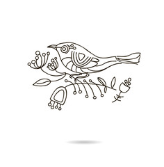 Romantic picture of a bird sitting on a blooming branch.