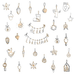 Hand drawn sketchy christmas elements Doodle vector illustration  Santa Claus, Snowmen, snowflakes, Christmas tree ice skating, deer, angel, Holly Jolly, decoration, Merry Christmas