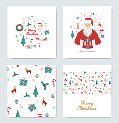 Fototapeta na wymiar Set of greeting cards for Christmas in style flat with Santa Claus. Prints on the new year 2016 with elements of the holiday in bright colors on white background.