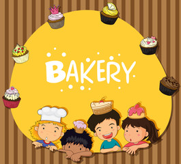 Bakery theme with children and cupcakes