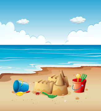 Ocean scene with toys on the beach