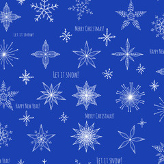 Seamless background of set of hand drawn snowflakes Christmas ornaments made from decorative snowflakes vector sketch illustration Christmas background with white snowflakes on blue background