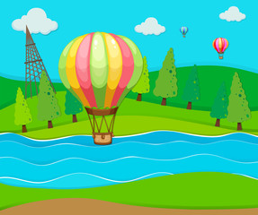 Balloons flying over the river