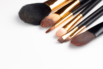 Various makeup brushes on white background 