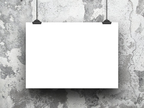 Single hanged horizontal paper sheet frame with clips on cracked and scratched concrete wall background