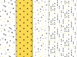 Set of 4 seamless patterns in yellow colors with geometric elements. Patern hipster style. Paterna suitable for posters, postcards, fabric or wrapping paper - 97351167