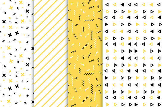 Set of 4 seamless patterns in yellow colors with geometric elements. Patern hipster style. Paterna suitable for posters, postcards, fabric or wrapping paper