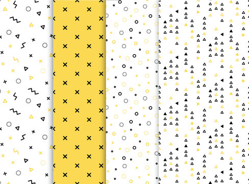 Set of 4 seamless patterns in yellow colors with geometric elements. Patern hipster style. Paterna suitable for posters, postcards, fabric or wrapping paper