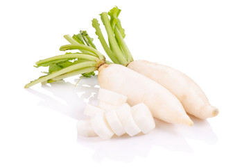 Daikon radishes isolated on white background