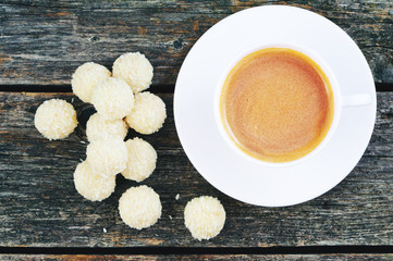 Cup of coffee with sweets Raffaello