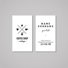 Coffee shop business card design concept. Coffee shop logo with coffee bean, heart, cup and turk. Vintage, hipster and retro style. Black and white.