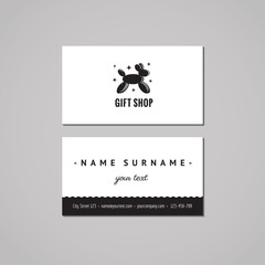Gift shop and souvenirs business card design concept. Gift shop logo with balloon dog. Vintage, hipster and retro style. Black and white.