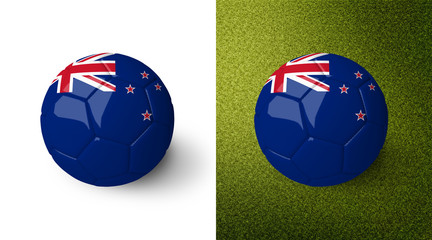 Fototapeta premium 3d realistic soccer ball with the flag of New Zealand on it isolated on white background and on green soccer field. See whole set for other countries. 