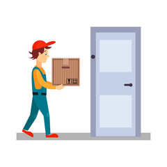 Delivery Man at Door with a Box, Vector Illustration 