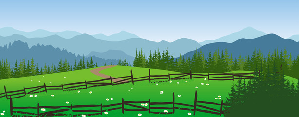 Mountains landscape with meadow and trees. Vector illustration. 