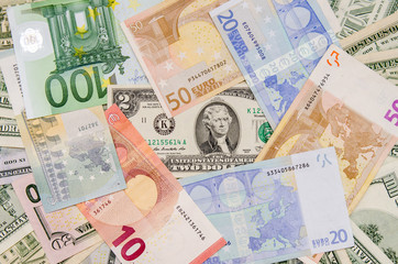 Fototapeta na wymiar Rare 2 US dollars vs Euro banknotes