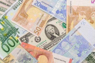 Fototapeta na wymiar Rare 2 US dollars vs Euro banknotes