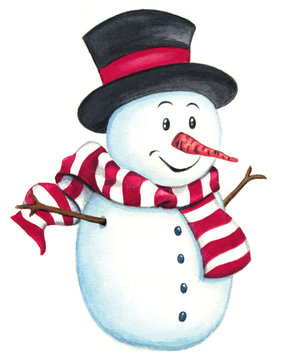 Happy snowman isolated on white background. Watercolor clip art illustration for your Christmas designs.