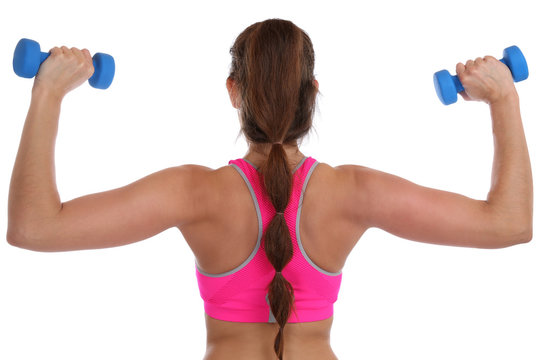 Fitness Workout Frau Training mit Hanteln Übung Rücken Schulte